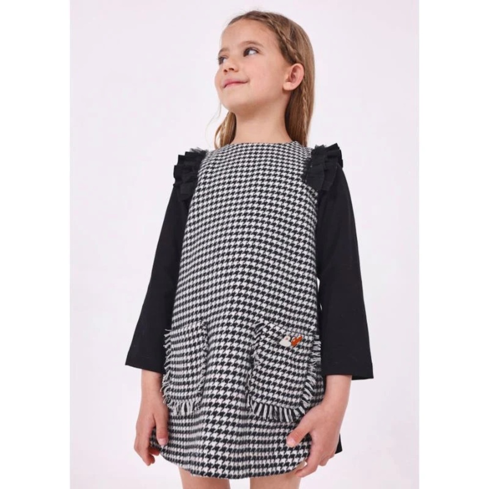 Size2 Girls Mayoral Black & White Houndstooth Dress with Ruffle Shoulders